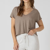 Waffle Knit V-neck Top - Smoked Heather