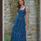 Sleeveless Square Neck Floral Embroidery Detail Denim Midi Dress