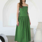 Spaghetti Strap Pleated Midi Dress  - Moss Green