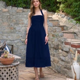 Square Neck Halter Midi Dress - Navy