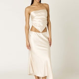 Beatrice Satin Slip Midi Skirt - Ivory