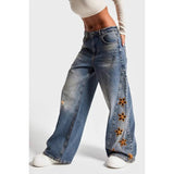 Embroidered High Waist Denim Trousers - Floral