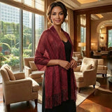 Shimmering Fringe Evening Shawl Scarf - Burgundy