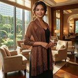 Shimmering Fringe Evening Shawl Scarf -Dark Brown