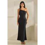 Satin One Shoulder Tie Back Maxi Dress - Black