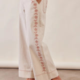Floral Embroidered Cropped Wide-leg Pants - Cream