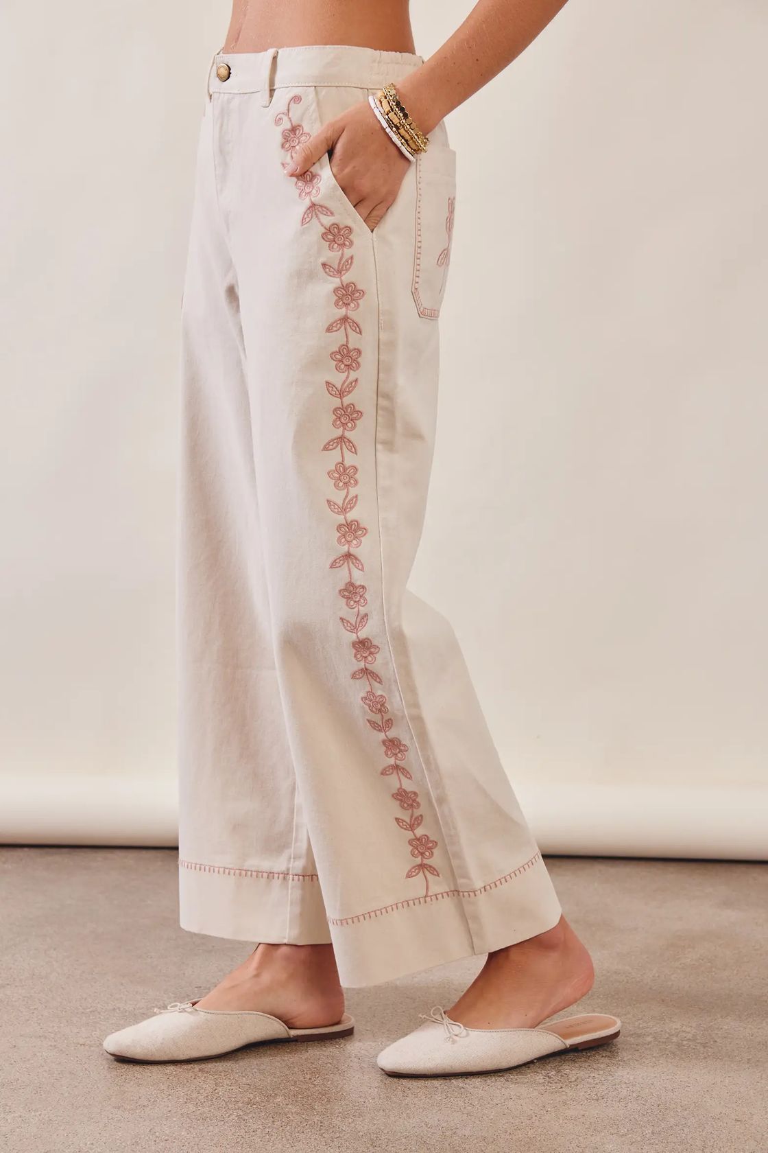 Floral Embroidered Cropped Wide-leg Pants - Cream