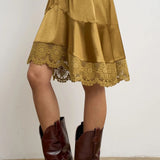 Tiered Delicate Lace Detail Satin Skirt- Mustard