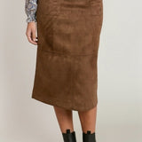 High Waisted Faux Suede Pencil Skirt- Chocolate