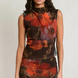 Mock Neck Sleeveless Mesh Top - Brown/orange Floral