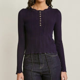 Pointelle Knit Scalloped Sweater - Navy
