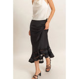 Bias Cut Satin Skirt With Lace Hem - Black