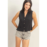 Sleeveless Button Front Top- Black