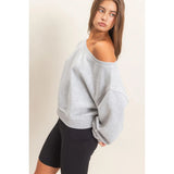 Raw Edge Acid Wash Off The Shoulder Sweatshirt - Heathered Grey