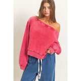 Raw Edge Acid Wash Off The Shoulder Sweatshirt - Fuscia