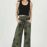 Tie Waist Wide Leg Printed Pants - Olive