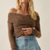 Sweaters Fuzzy Knit Crossover Off-shoulder Long-sleeve Crop Top - Taupe
