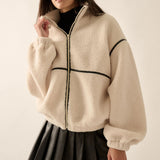 Faux Leather-trimmed Sherpa Fleece Zip-up Jacket- Ivory