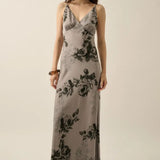 Floral-print Satin V-neck Bias-cut Sleeveless Maxi Dress- Grey