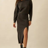 Rib-knit One-shoulder Dolman Midi Sweater Dress- Charcoal