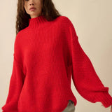 Solid Crochet-knit Oversize Mock-neck Sweater- Cherry Tomato