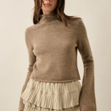 Solid Knit Mock-neck Bell-sleeve Rolled-edge Crop Sweater - Moka