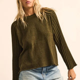 Textured Knit Ribbed-sleeve Rolled-edge Sweater- Moss