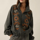 Floral-embroidered Sherpa Fleece Zip-up Jacket - Grey