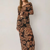Metallic Floral Side Slit Maxi Skirt - Espresso Garden