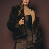 Chocolate Wide Lapel Faux Fur Jacket
