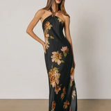 Floral Satin Gold Trim Halter Maxi Dress