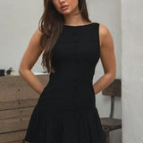 Linara Low Drop Waist Boat Neck Mini Dress - Black
