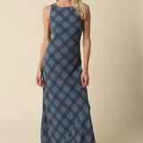 Carole Plaid Mesh Maxi Dress-Teal
