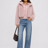Plush faux fur cropped jacket-pink