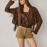 Western Faux Suede Fringe Cropped Jacket - Brown