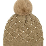Pearl Crochet Pom Beanie -Taupe