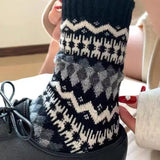 Retro Fair Isle Print Warm Slouchy Socks- Black