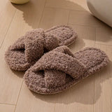 Lamb Wool Cross Band Plush Slippers