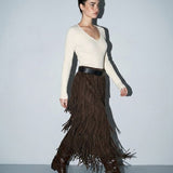 Pleated Knit Fringe Layered Skirt -chocolate