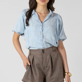 Panelled Button Front Blouse - Bleached Indigo