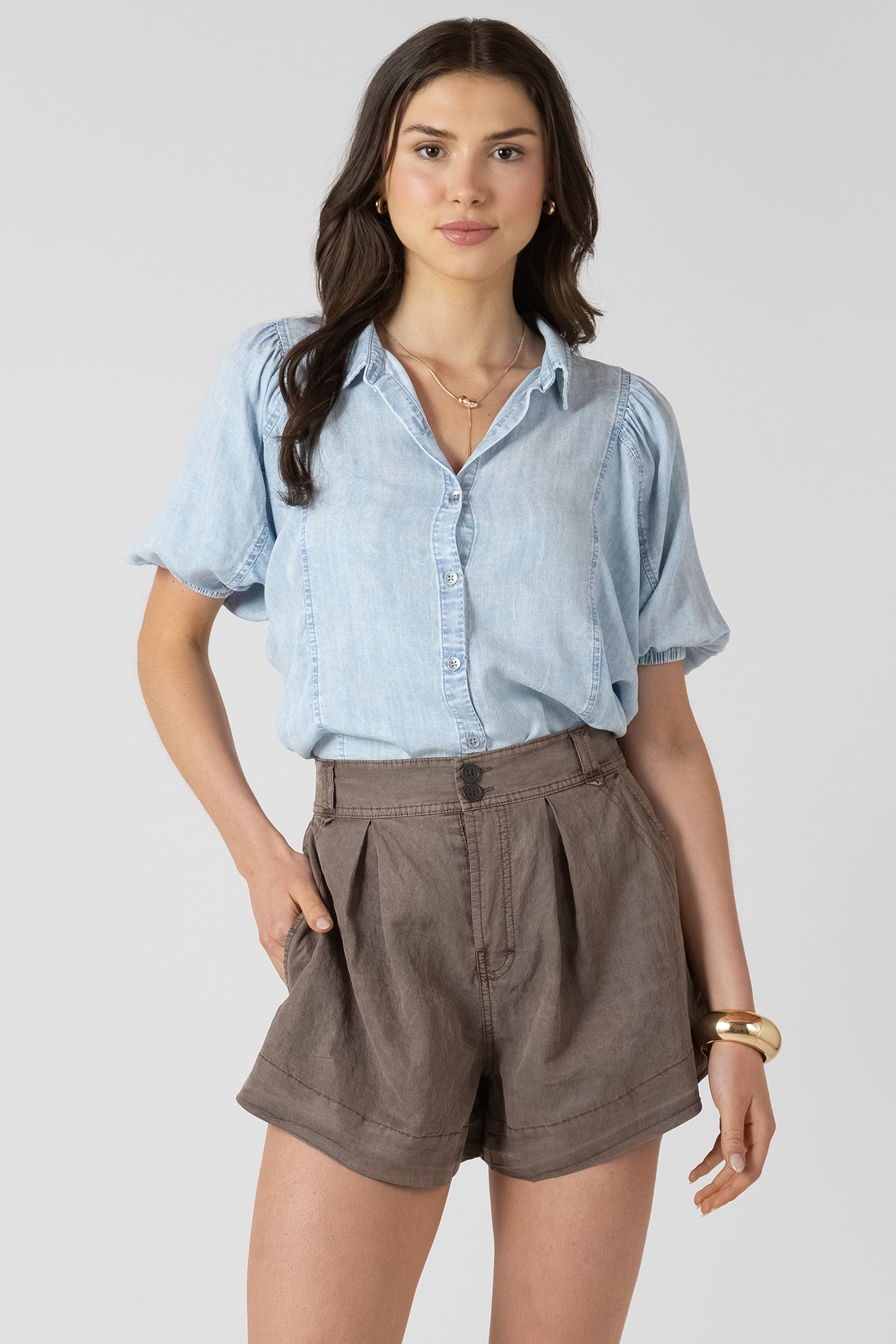 Panelled Button Front Blouse - Bleached Indigo