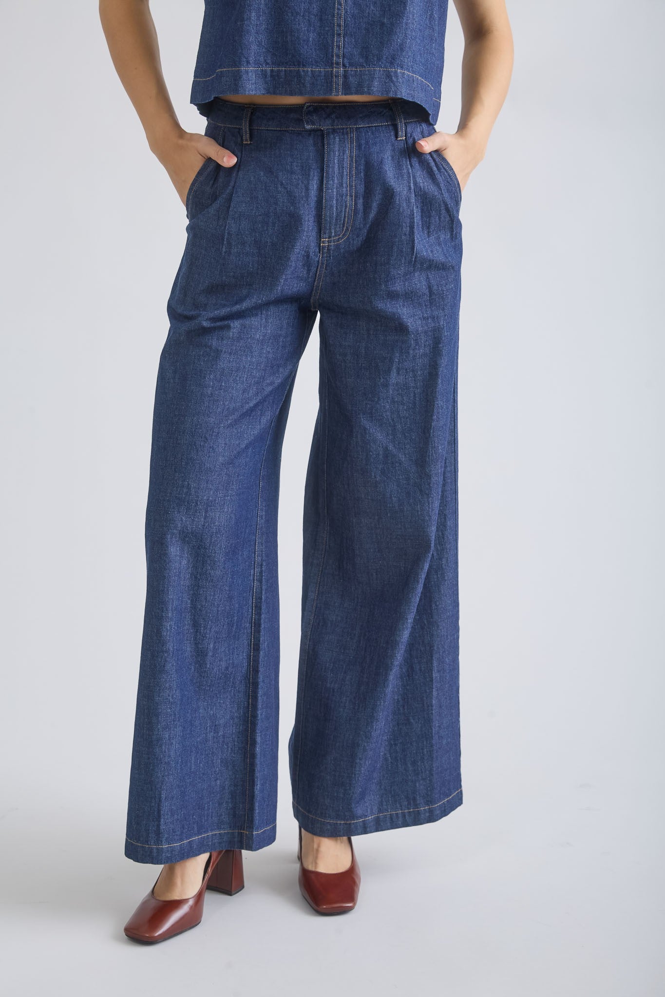 Wide Leg High Waist Denim Pants - Dark Wash