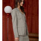 Plaid Notch Collar Long Sleeve Blazer - Grey Plaid Combo