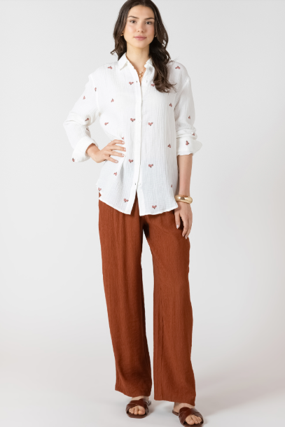 Vintage Floral Embroidered Button-down Cotton Shirt - Ivory