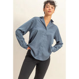 Satin Button-Down Collared Blouse - Dusty Navy