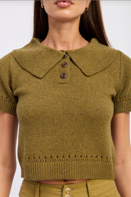 Elin Polo Sweater Top - Olive