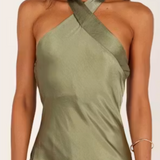 Grasie Midi Satin Halter Dress - Olive