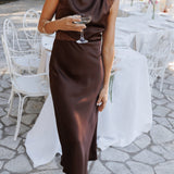 Anabelle Halter Dress With Lace Inserts - Chocolate