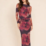 Crew Neck Long Sleeve Mesh Maxi Dress
