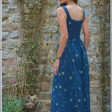 Sleeveless Square Neck Floral Embroidery Detail Denim Midi Dress